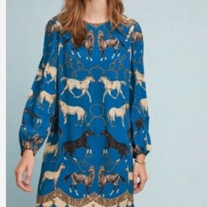 Corey Lynn Calter (Anthro) Blue Horse Print Long Sleeve Dress